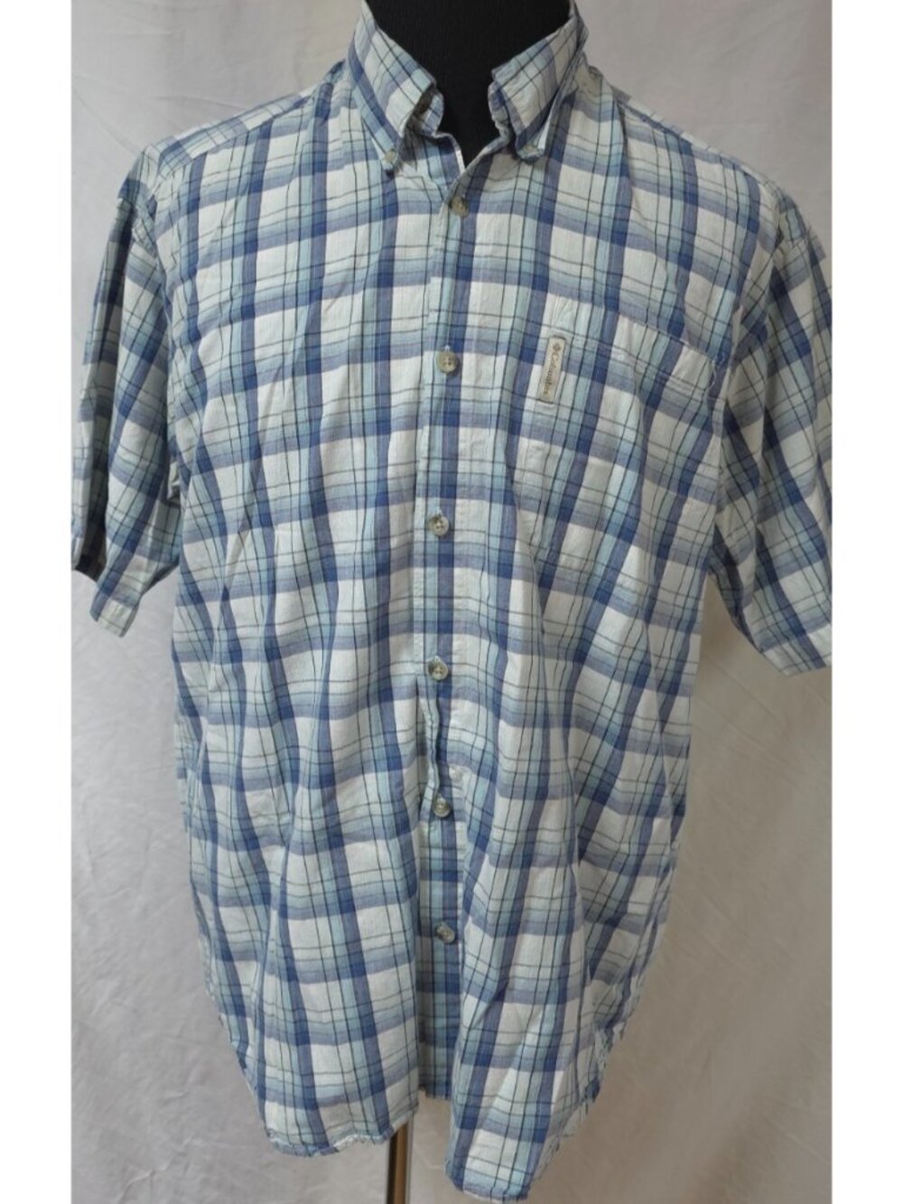 Columbia Mens Large Blue Plaid Regular Fit Short Sleeve Button Down Cotton Shirt